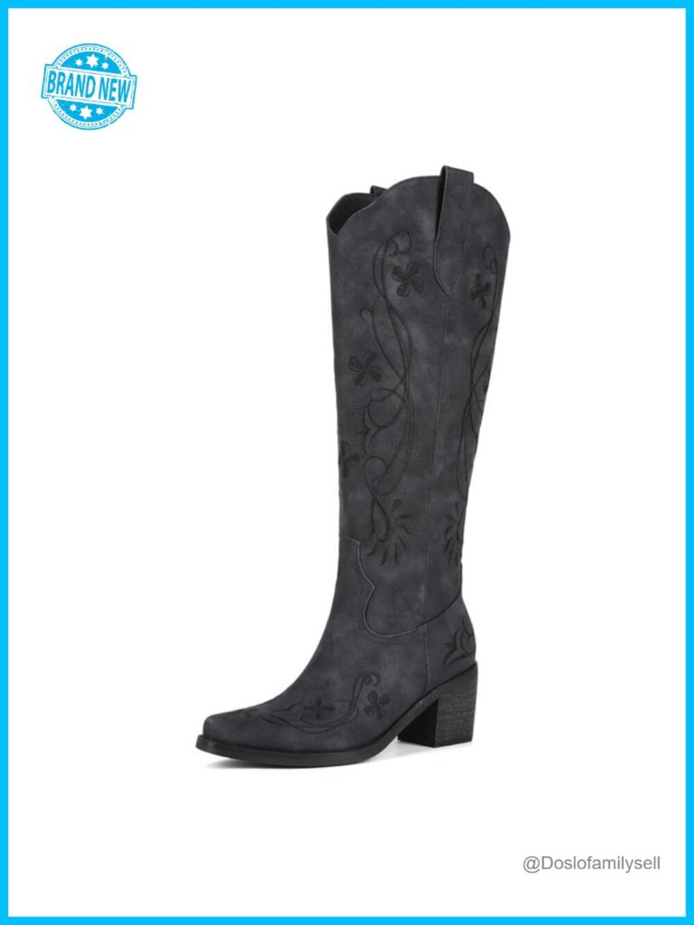 Floral Embroidered Faux Leather Knee High Western Cowgirl Boots Pointed Toe
